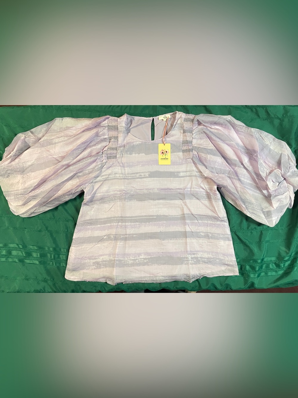 entro Lavender and Light Gray Striped Puff-Sleeve blouse